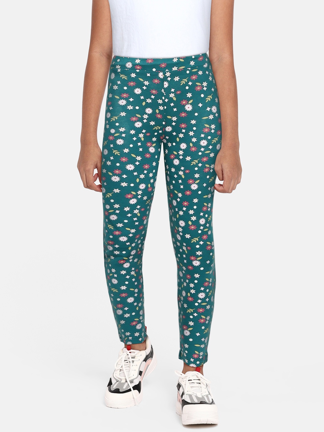 

HERE&NOW Girls Teal Blue Floral Printed Ankle Length Leggings