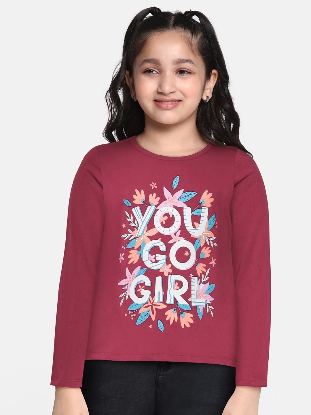 

HERE&NOW Girls Maroon Printed Pure Cotton T-shirt