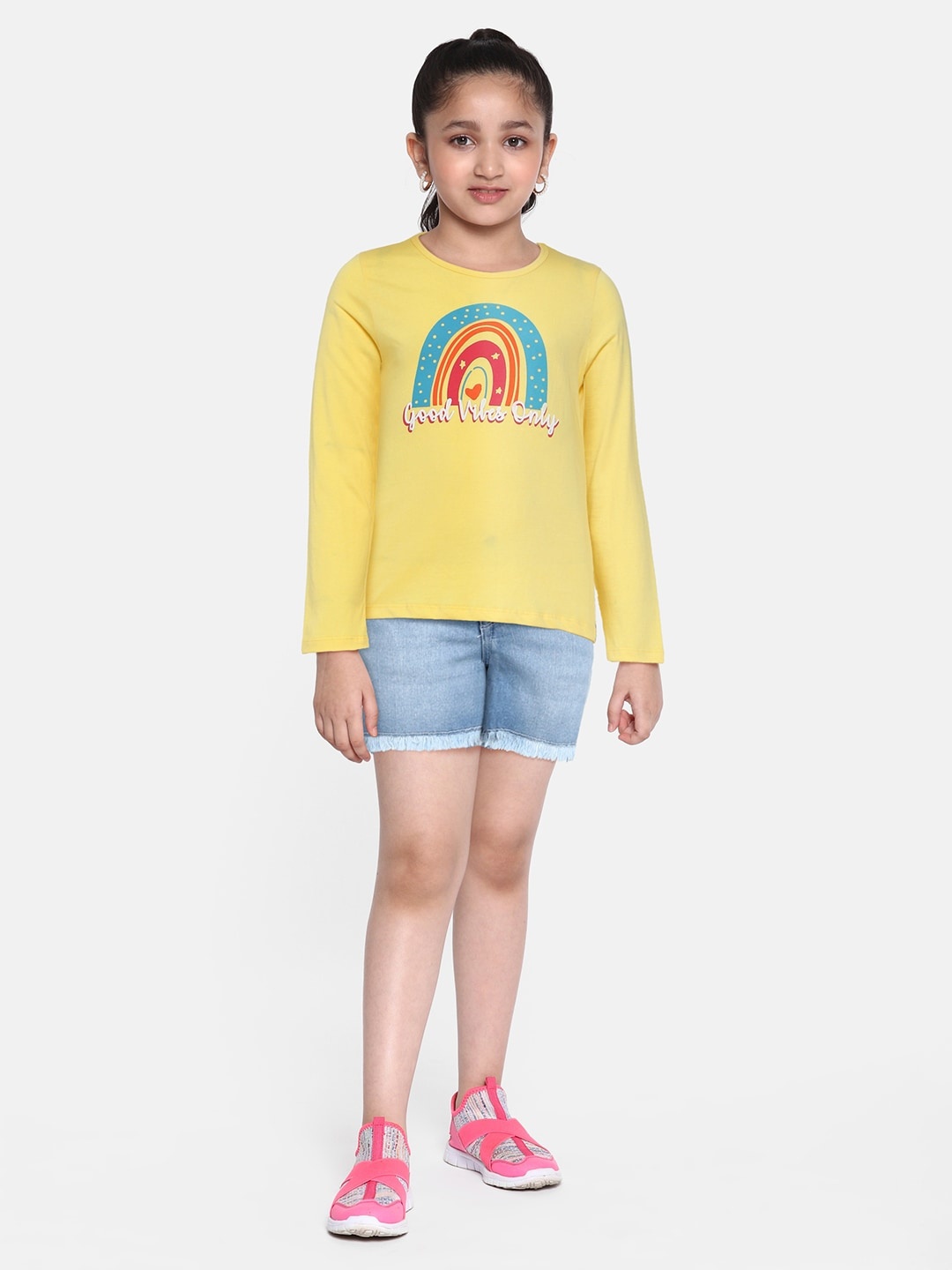 

HERE&NOW Girls Yellow Typography Printed Pure Cotton T-shirt