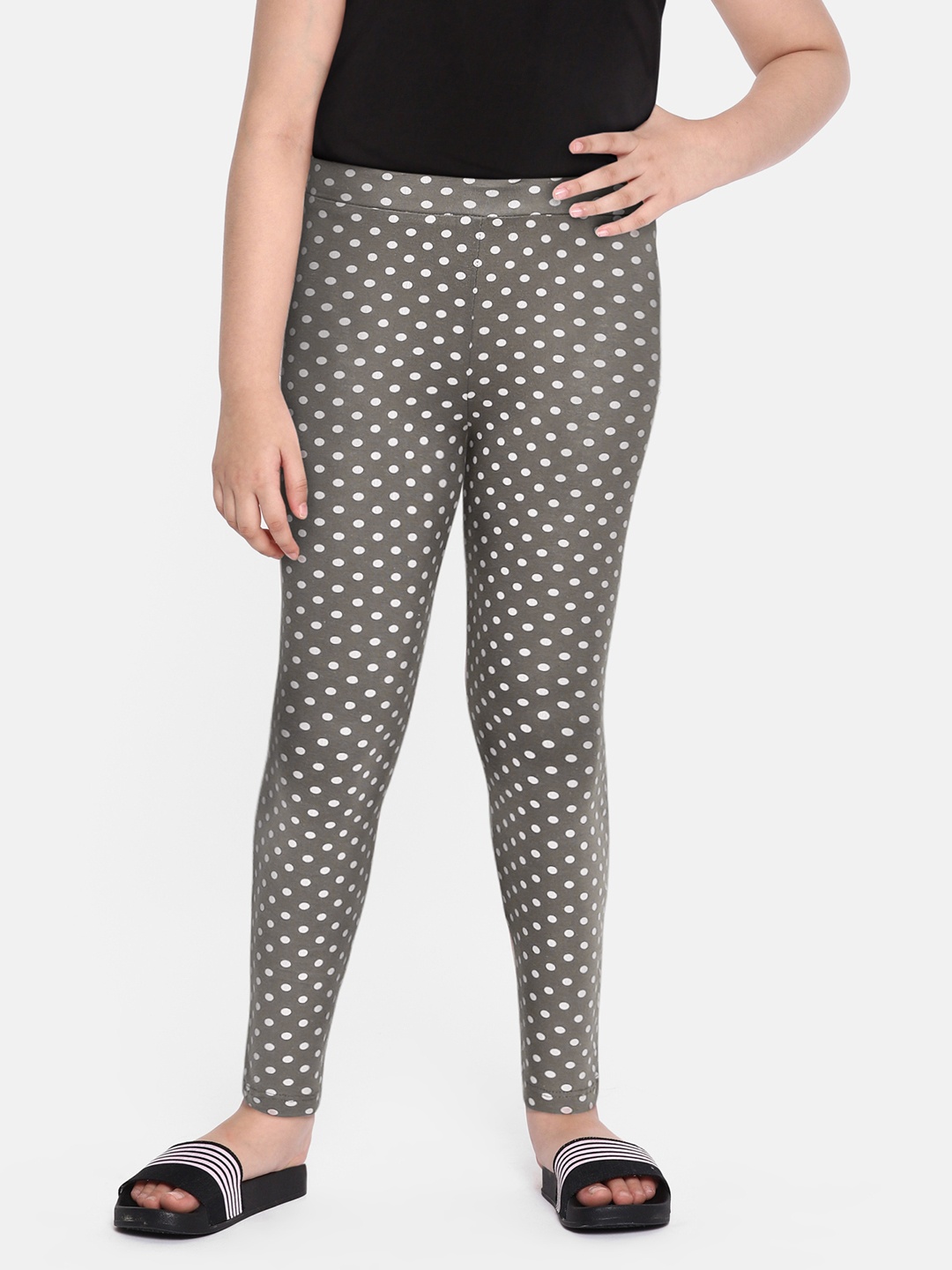 

HERE&NOW Girls Grey & White Polka Dots Printed Ankle Length Leggings