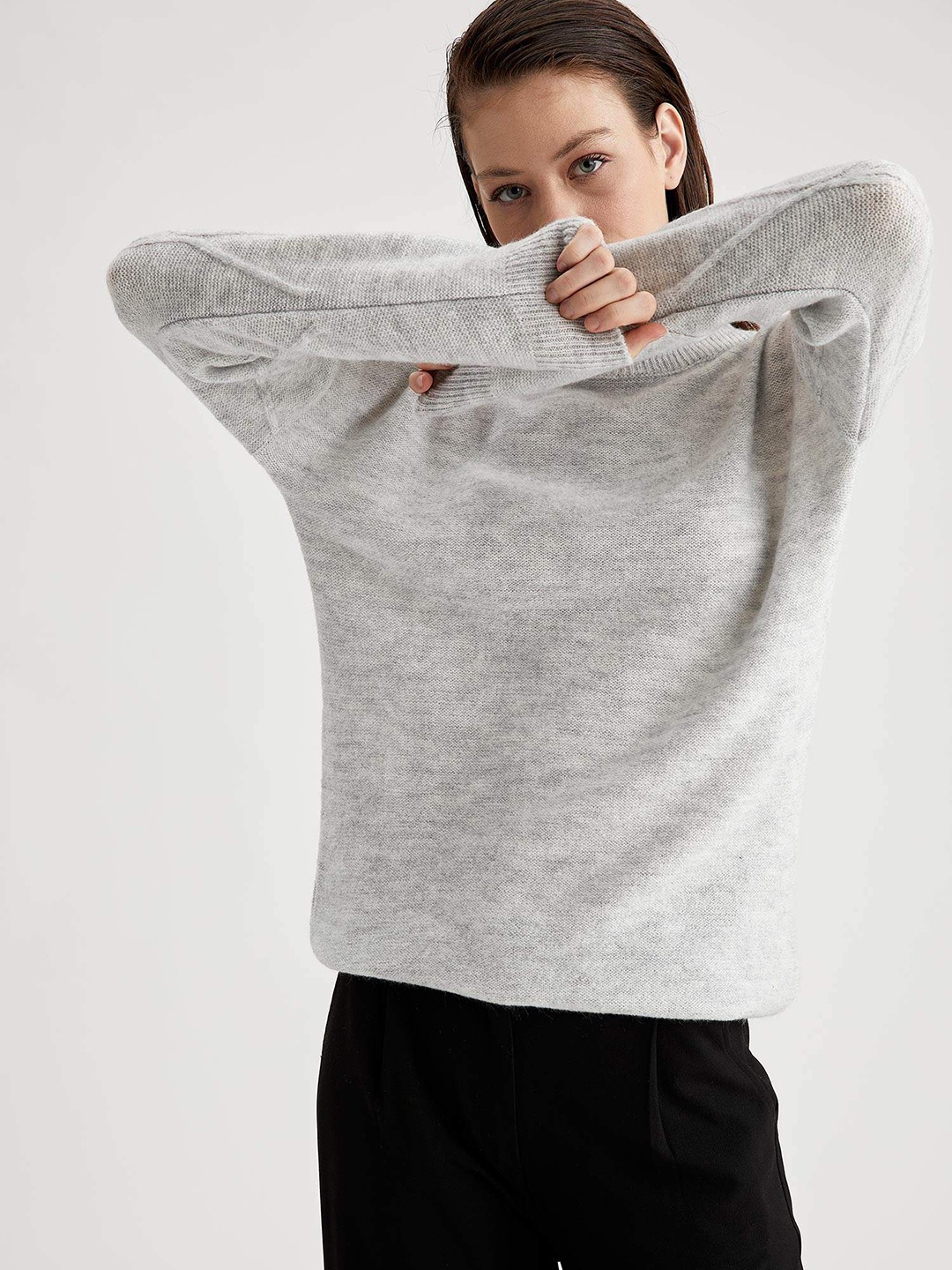 

DeFacto Women Grey Melange Solid Pullover Sweater