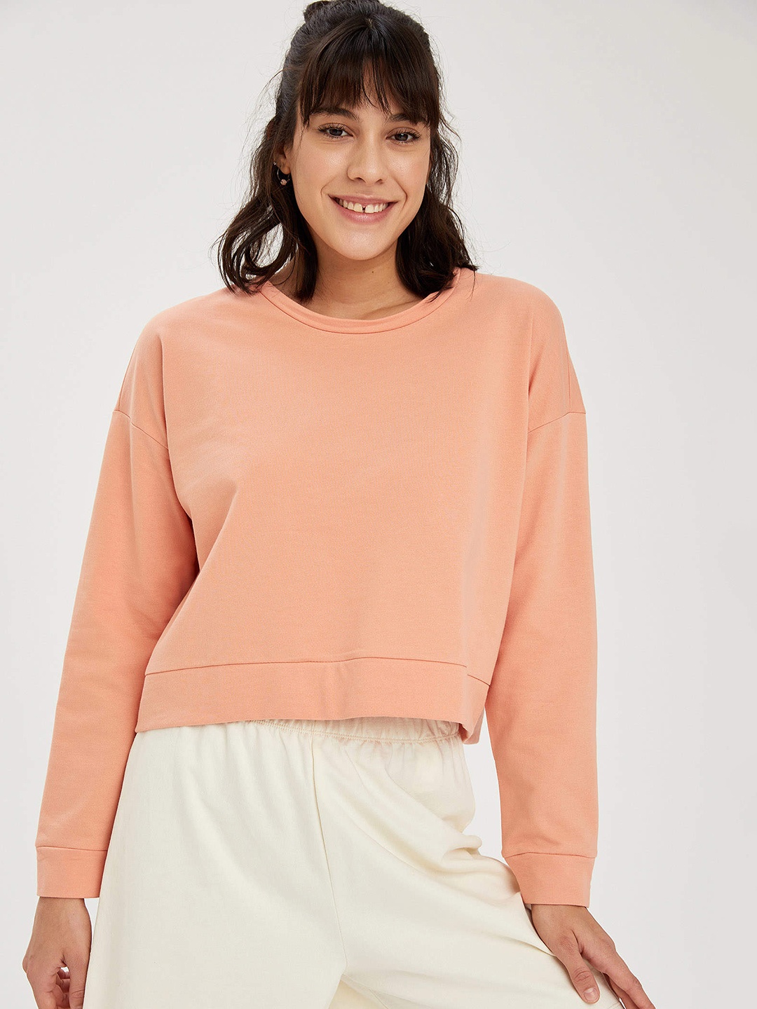 

DeFacto Women Peach-Coloured Pure Cotton Sweatshirt