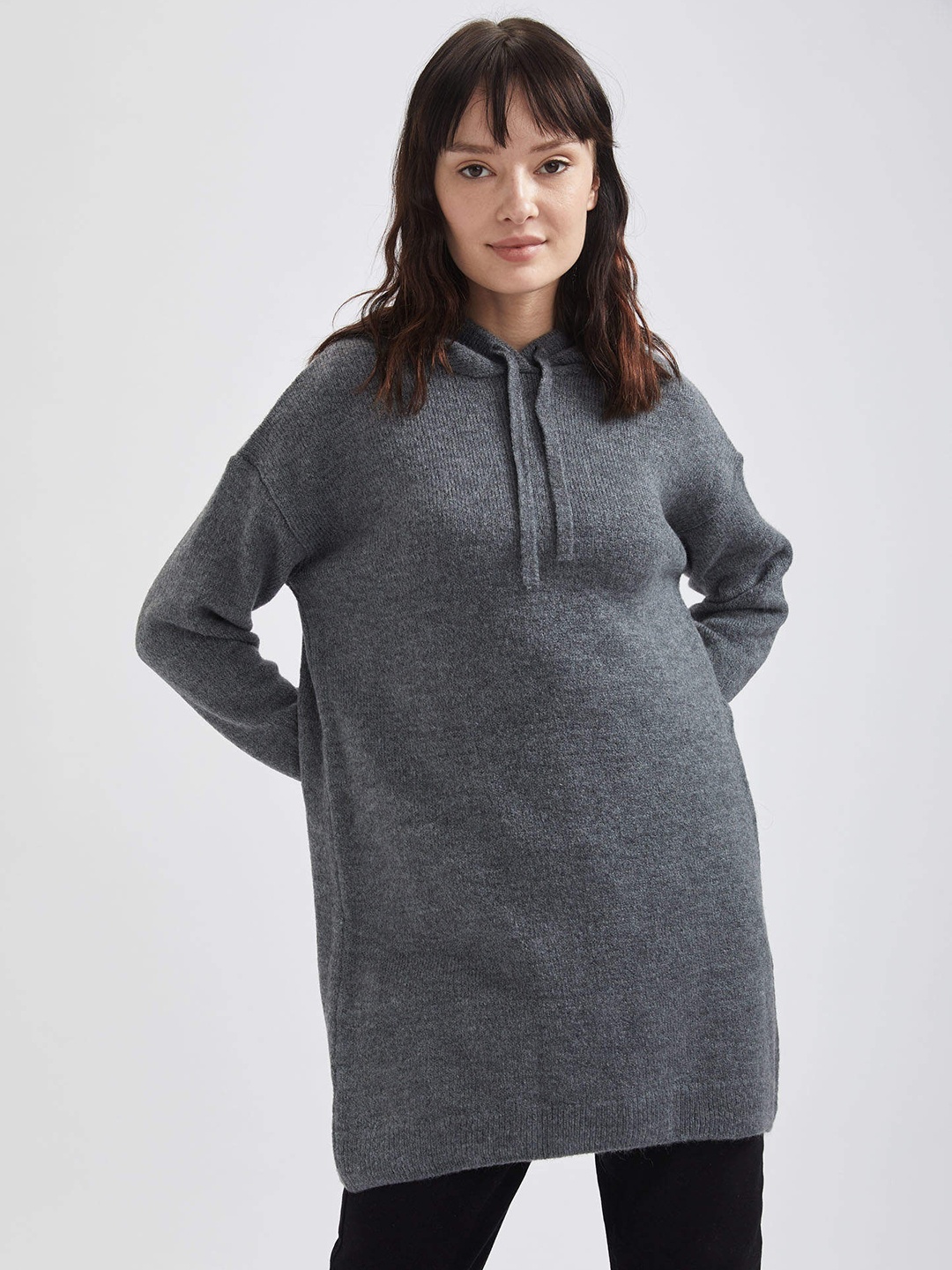 

DeFacto Charcoal Grey Relax Fit Ribbed Hooded Tunic