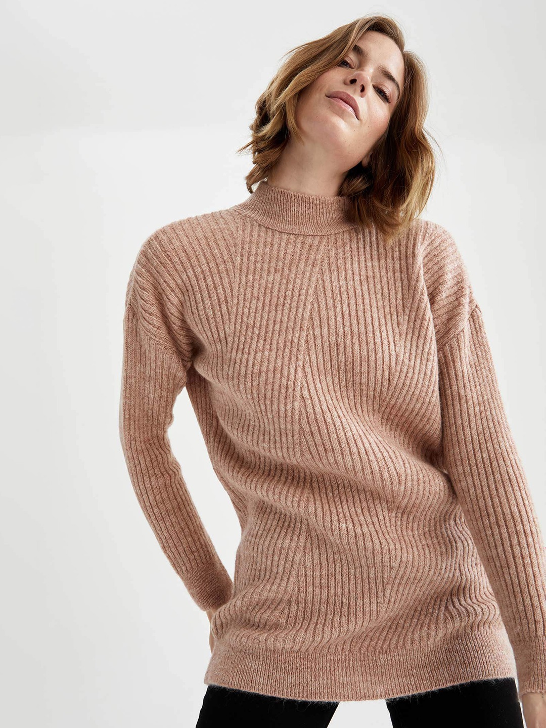 

DeFacto Women Pink Ribbed Longline Pullover Sweater