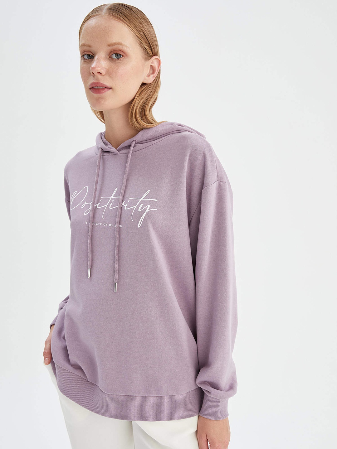 

DeFacto Women Lavender & White Typography Print Hooded Sweatshirt