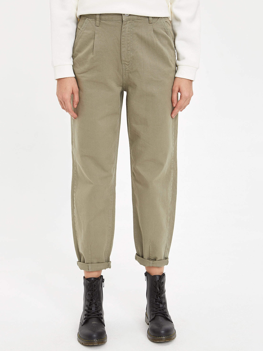 

DeFacto Women Olive Green Slouchy-Fit Pure Cotton Trousers
