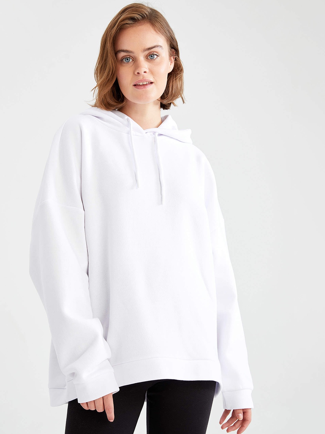 

DeFacto Women Off White Solid Longline Hooded Sweatshirt