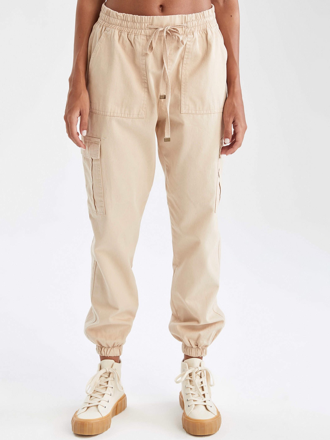 

DeFacto Women Beige Solid Pure Cotton Cargo Joggers