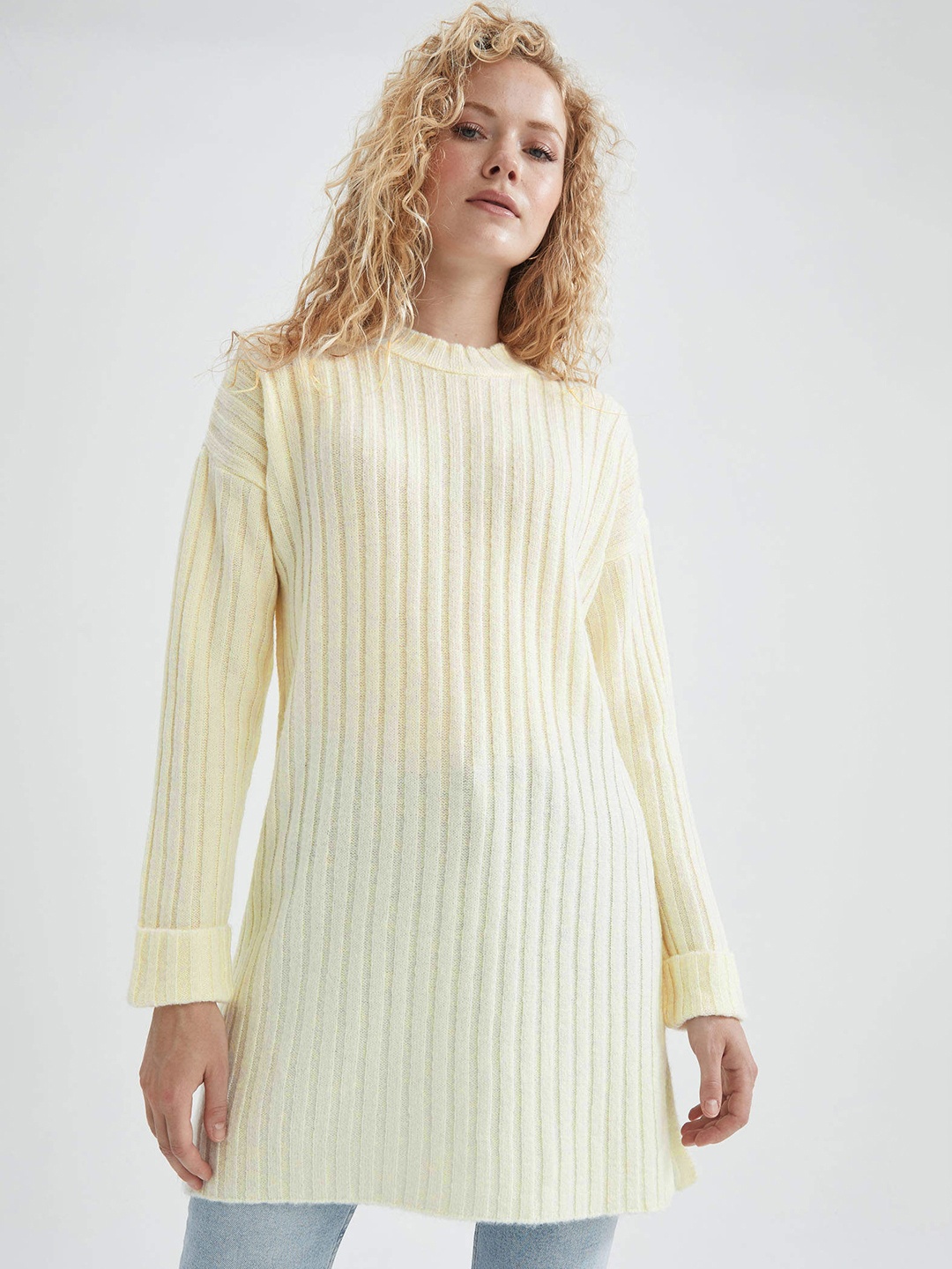 

DeFacto Women Off White Ribbed Longline Pullover