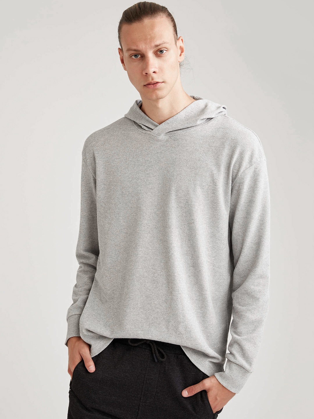 

DeFacto Men Grey Melange Oversize Fit Knit Hooded Sweatshirt