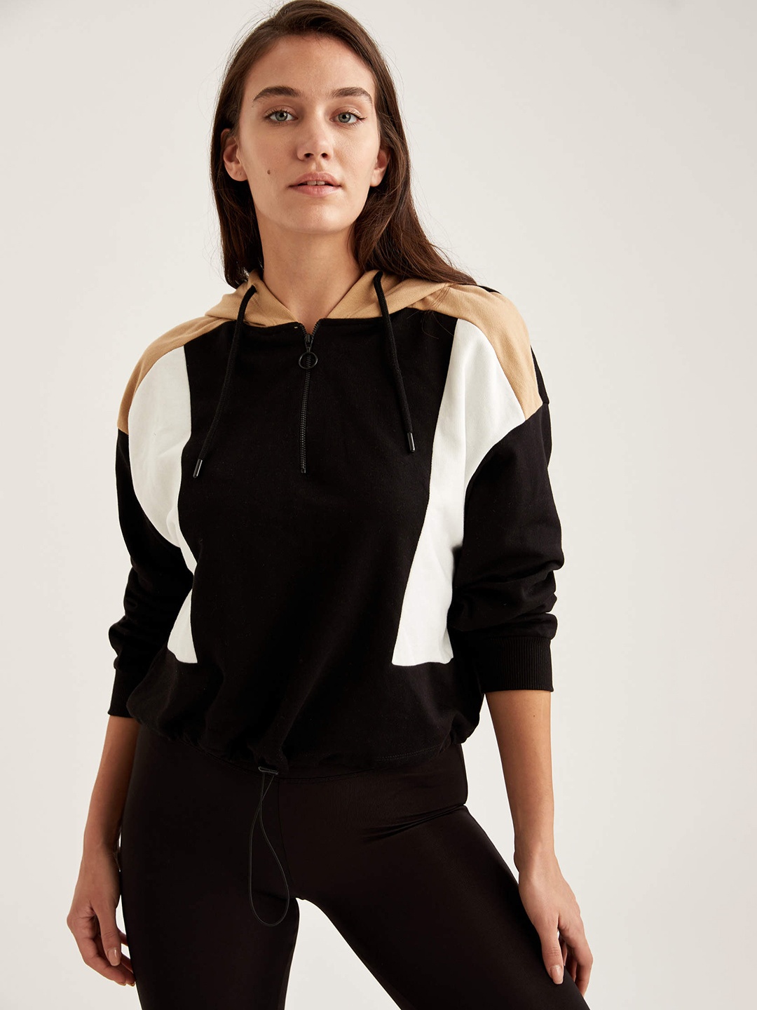 

DeFacto Women Black & White Colourblocked Hooded Sweatshirt