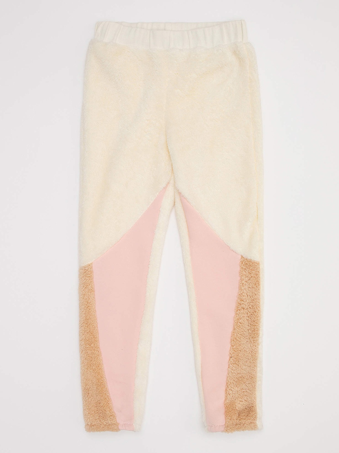

DeFacto Girls Cream-Coloured & Pink Colourblocked Sherpa Lounge Pants