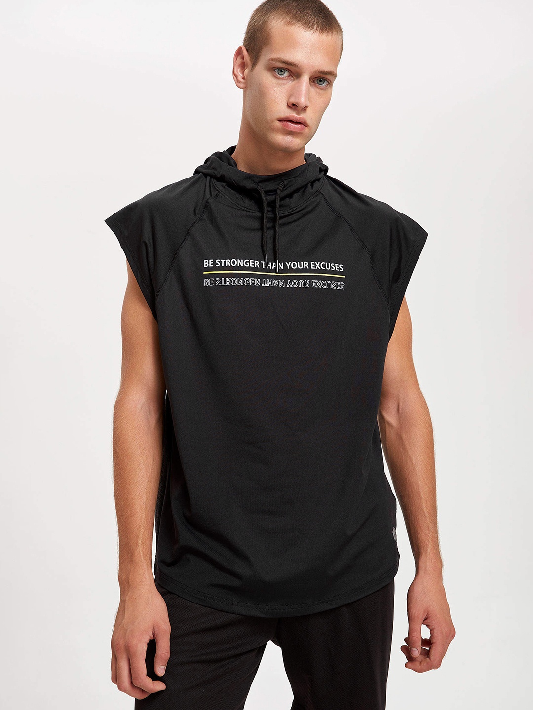 

DeFacto Men Black Slim Fit Printed Hooded Sports T-shirt