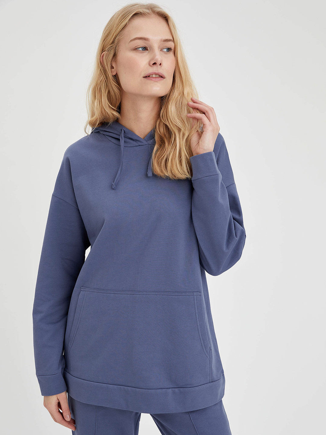 

DeFacto Women Blue Pure Cotton Hooded Sweatshirt