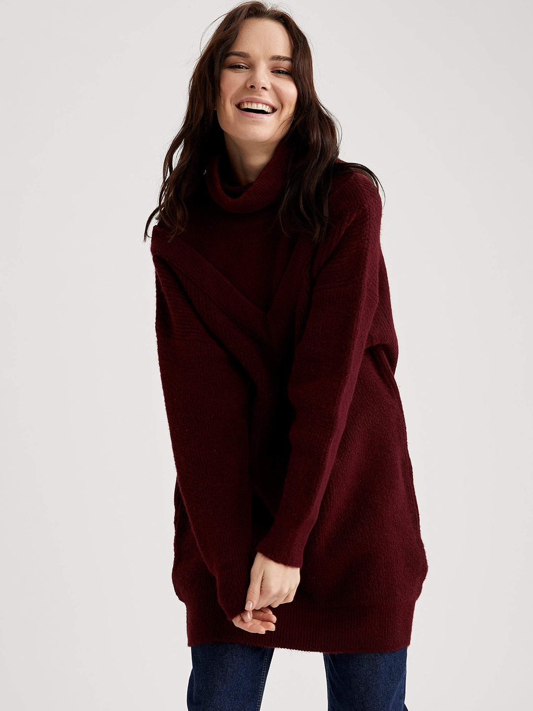 

DeFacto Women Maroon Solid Turtle Neck Longline Pullover Sweater