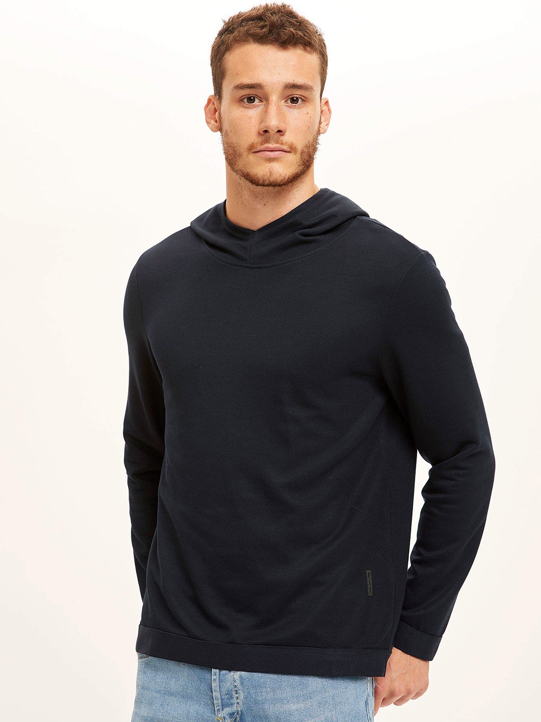 

DeFacto Men Charcoal Grey Solid Hooded Sweatshirt