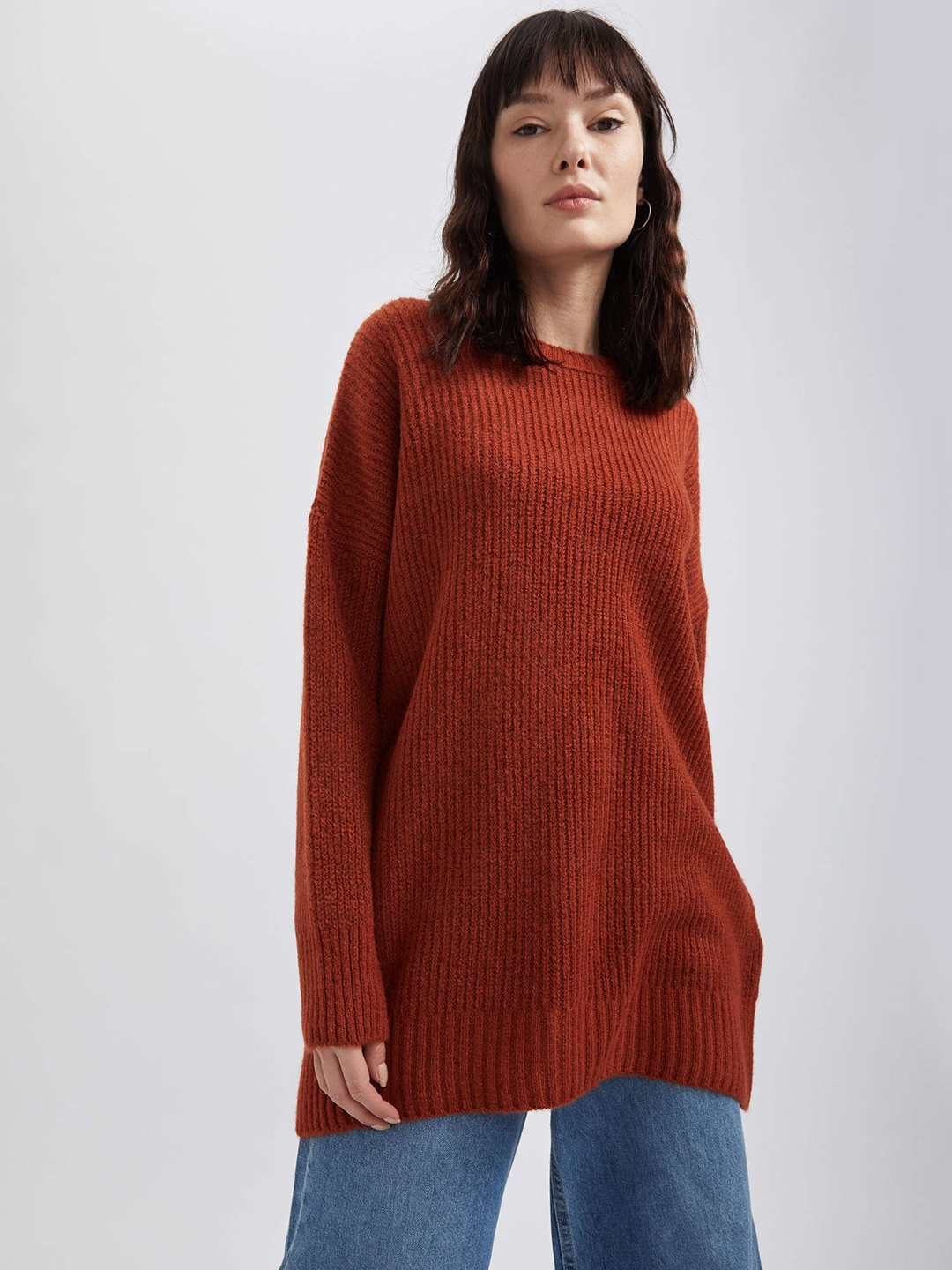 

DeFacto Brown Self Designed Round Neck Long Sleeved Tunic