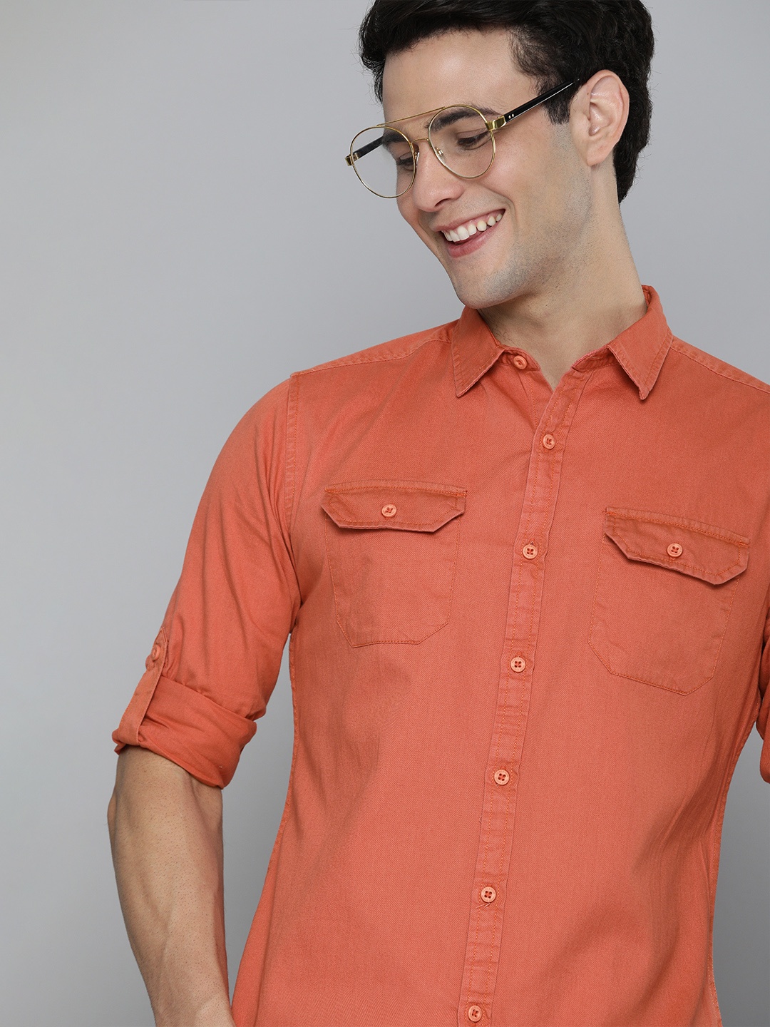 

HERE&NOW Men Coral Orange Slim Fit Pure Cotton Casual Shirt