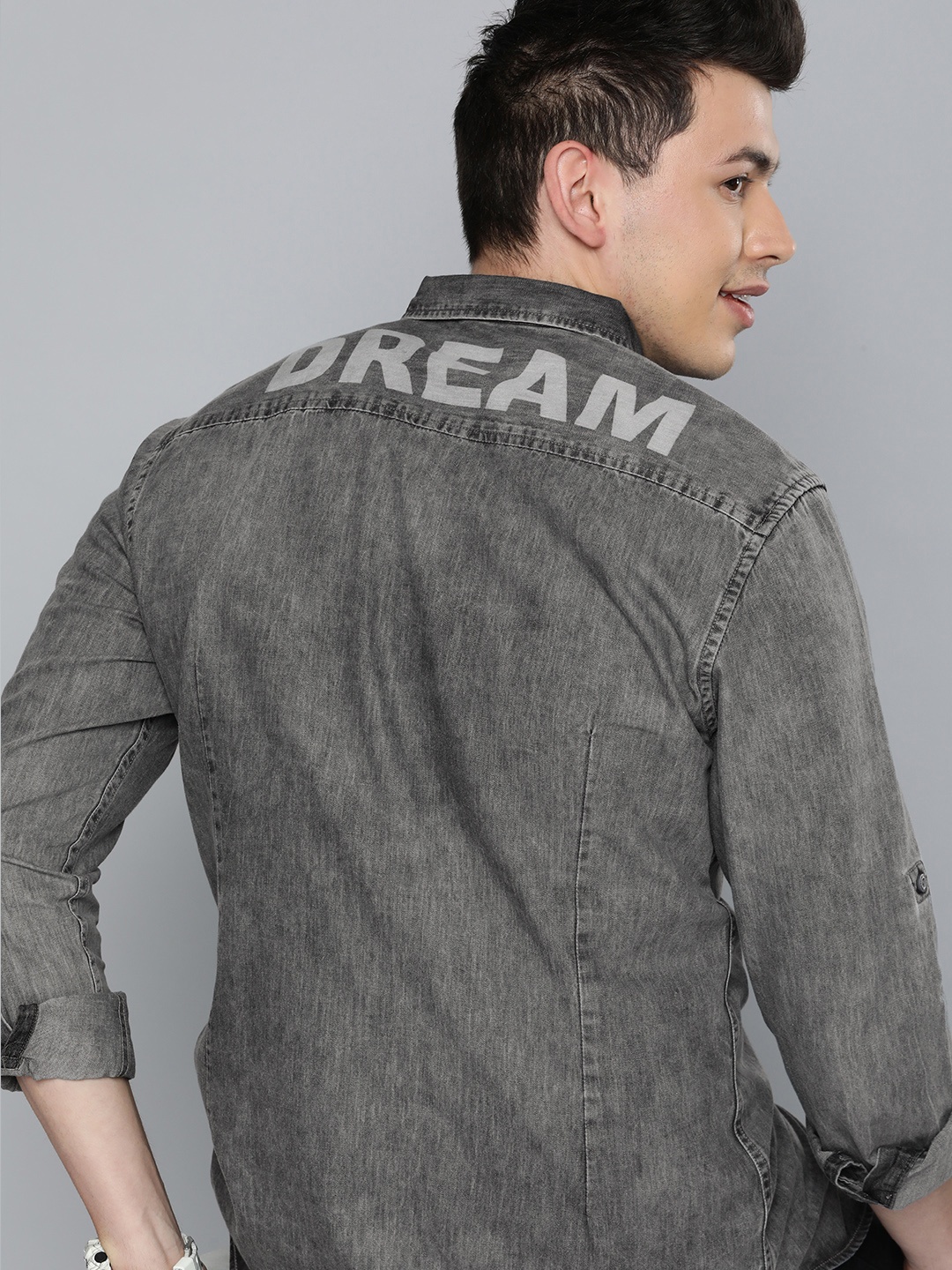 

HERE&NOW Men Grey Regular Fit Solid Opaque Pure Cotton Casual Shirt with Yoke Print