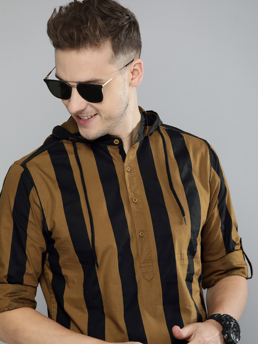 

HERE&NOW Men Brown & Black Striped Hooded Casual Shirt