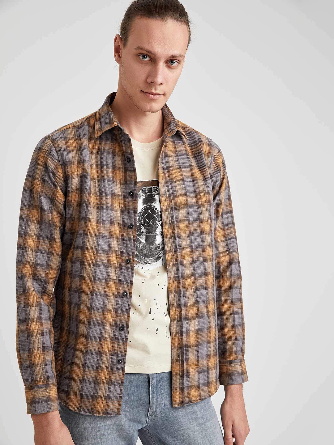 

DeFacto Men Grey & Mustard Yellow Slim Fit Checked Casual Shirt