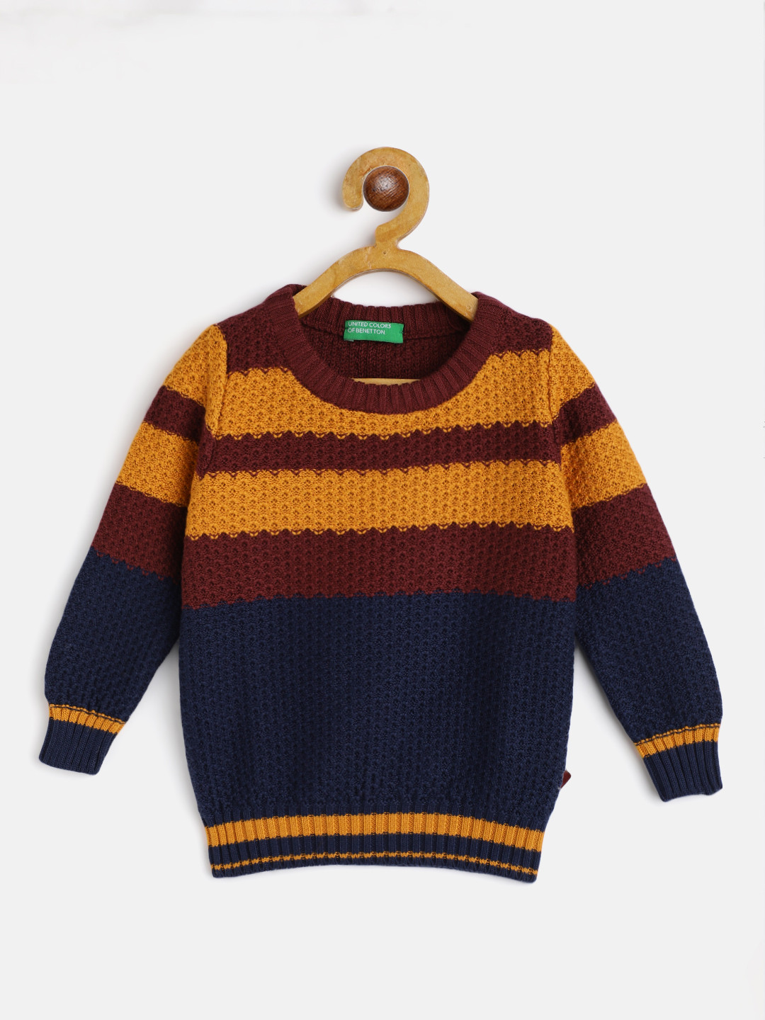 

United Colors of Benetton Boys Navy Blue & Mustard Yellow Pure Cotton Striped Pullover