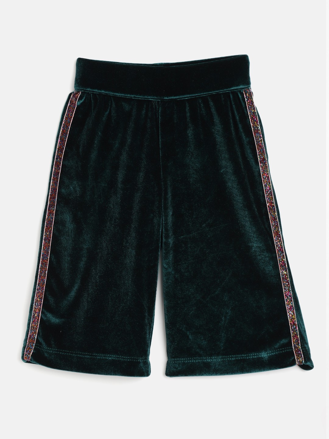 

United Colors of Benetton Girls Green Velvet Solid Parallel Trousers with Side Stripe