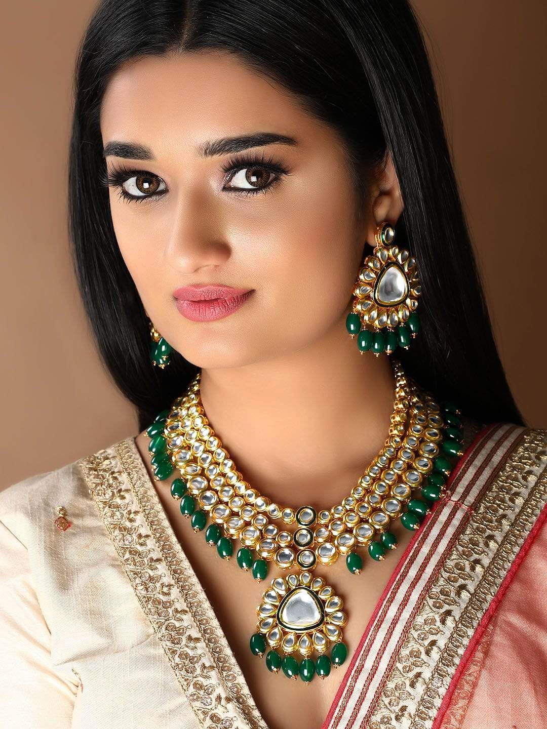 

Rubans 22K Gold Plated White & Green Kundan Studded & Beaded Multilayered Jewellery Set