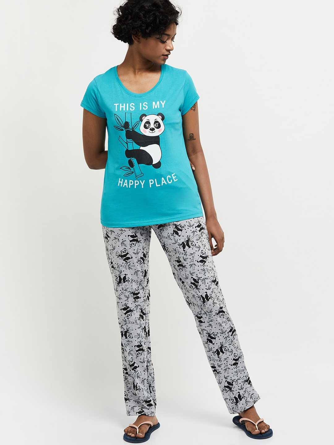 

max Women Printed Lounge T-shirt with Elasticated Pyjamas, Blue