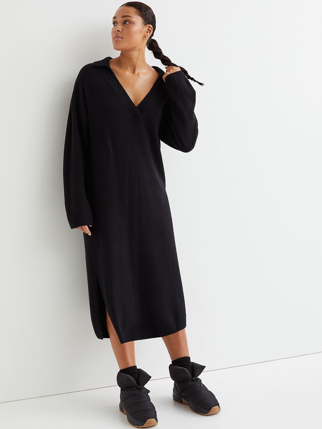 

H&M Women Black Collared Knitted Dress