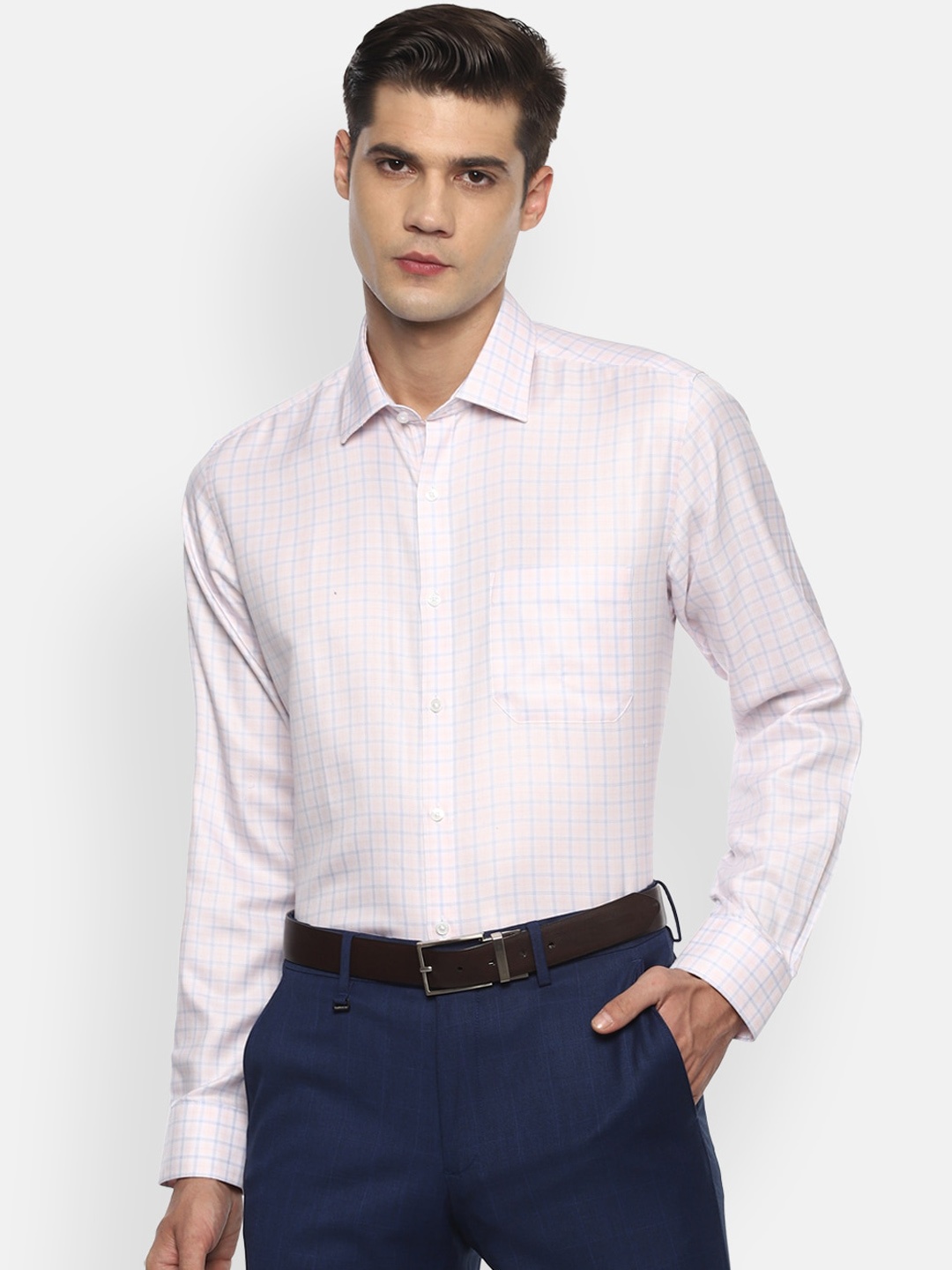 

Van Heusen Men Pink & Blue Opaque Checked Pure Cotton Formal Shirt