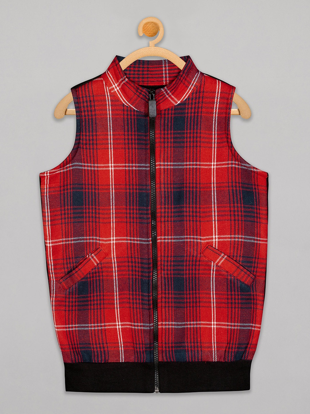 

Olele Boys Red & Black Checked Fleece Bomber Jacket