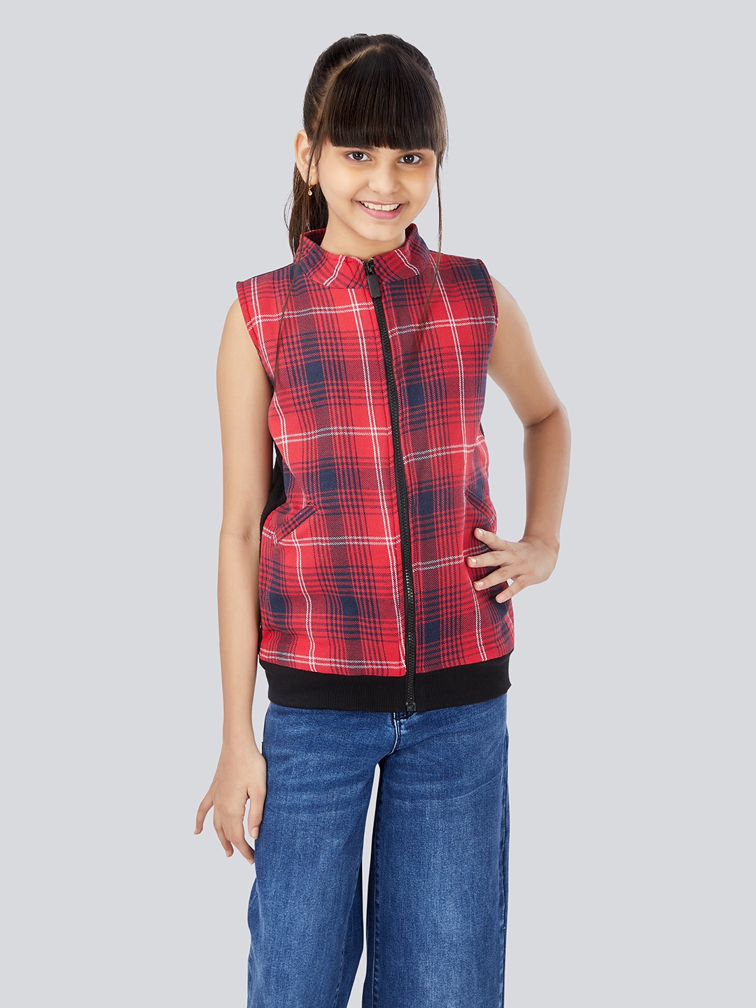 

Olele Girls Multicoloured Checked Fleece Bomber with Patchwork Jacket, Multi