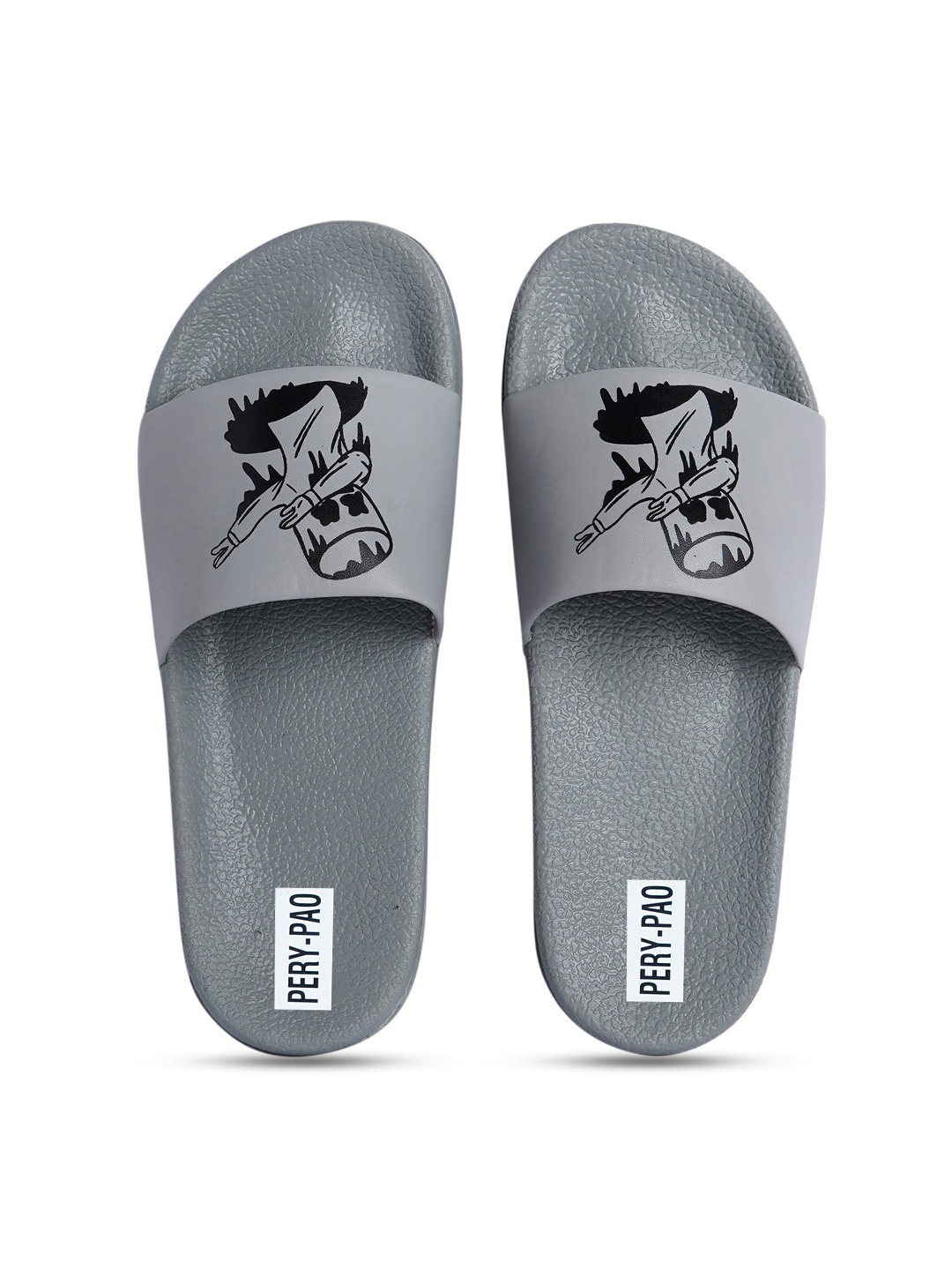 

PERY PAO Men Grey & Black Printed Rubber Sliders