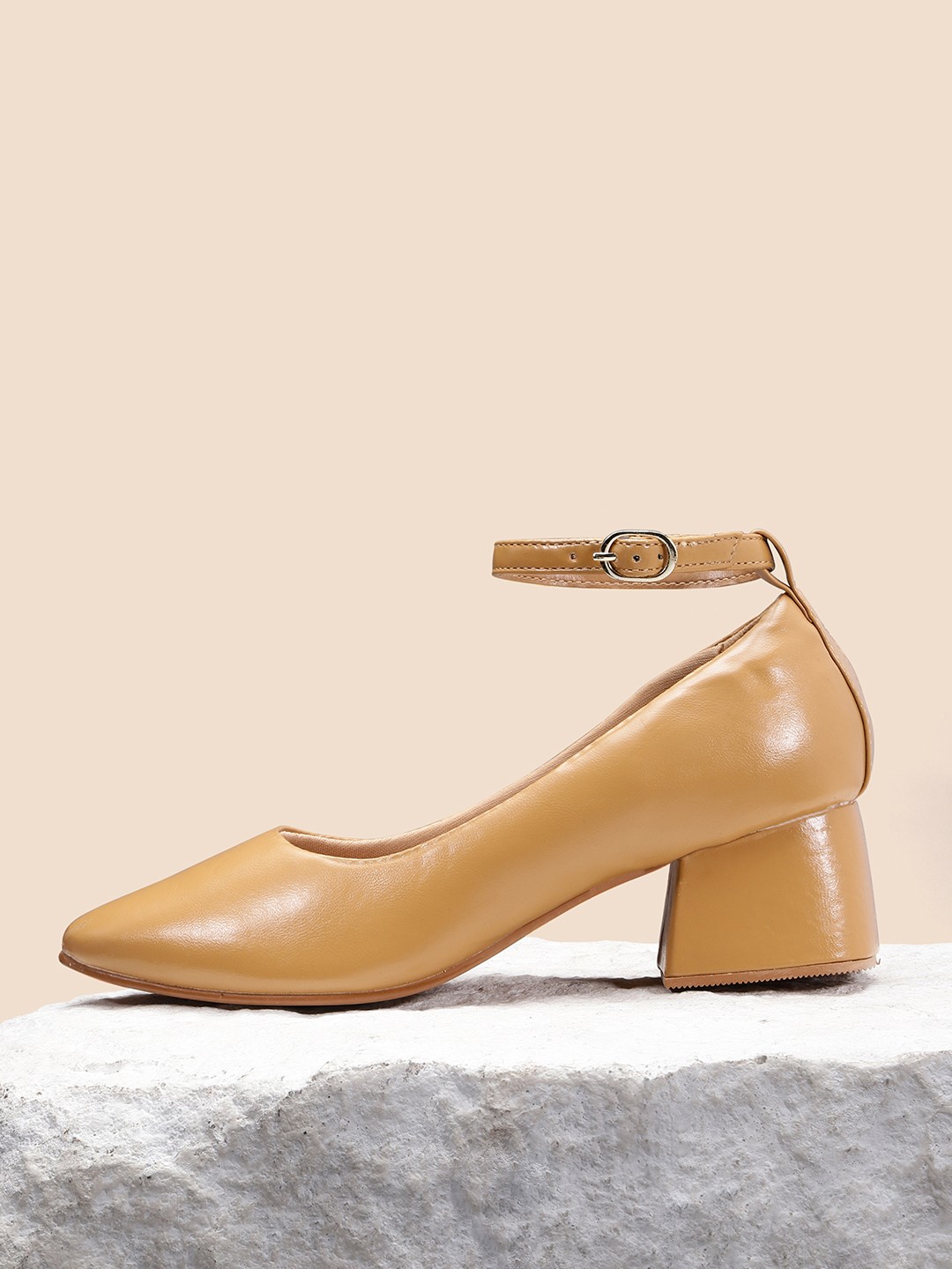 

her by invictus Beige Solid Block Pumps with Ankle Loop