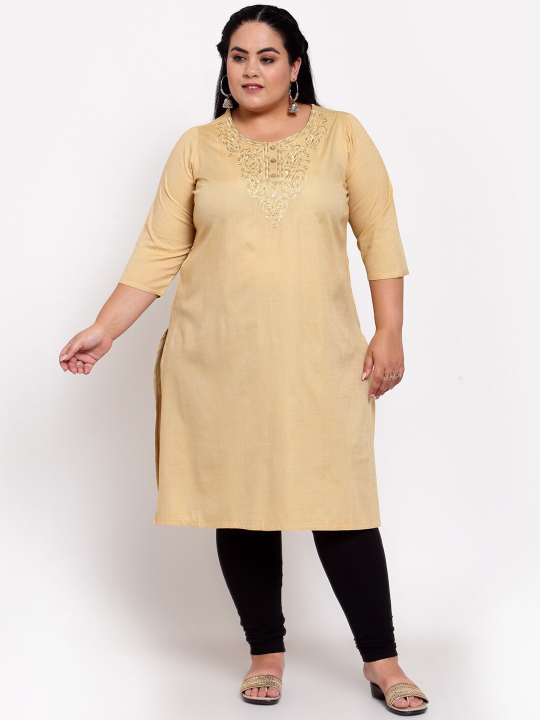 

plusS Women Beige Ethnic Motifs Yoke Design Thread Work Kurta