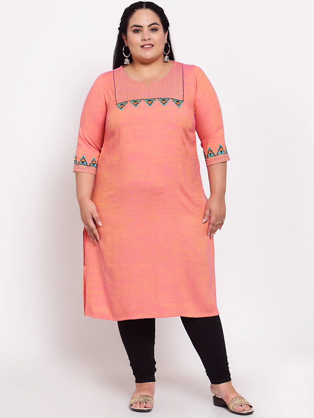

plusS Women Pink Ethnic Motifs Embroidered Thread Work Raw Silk Kurta