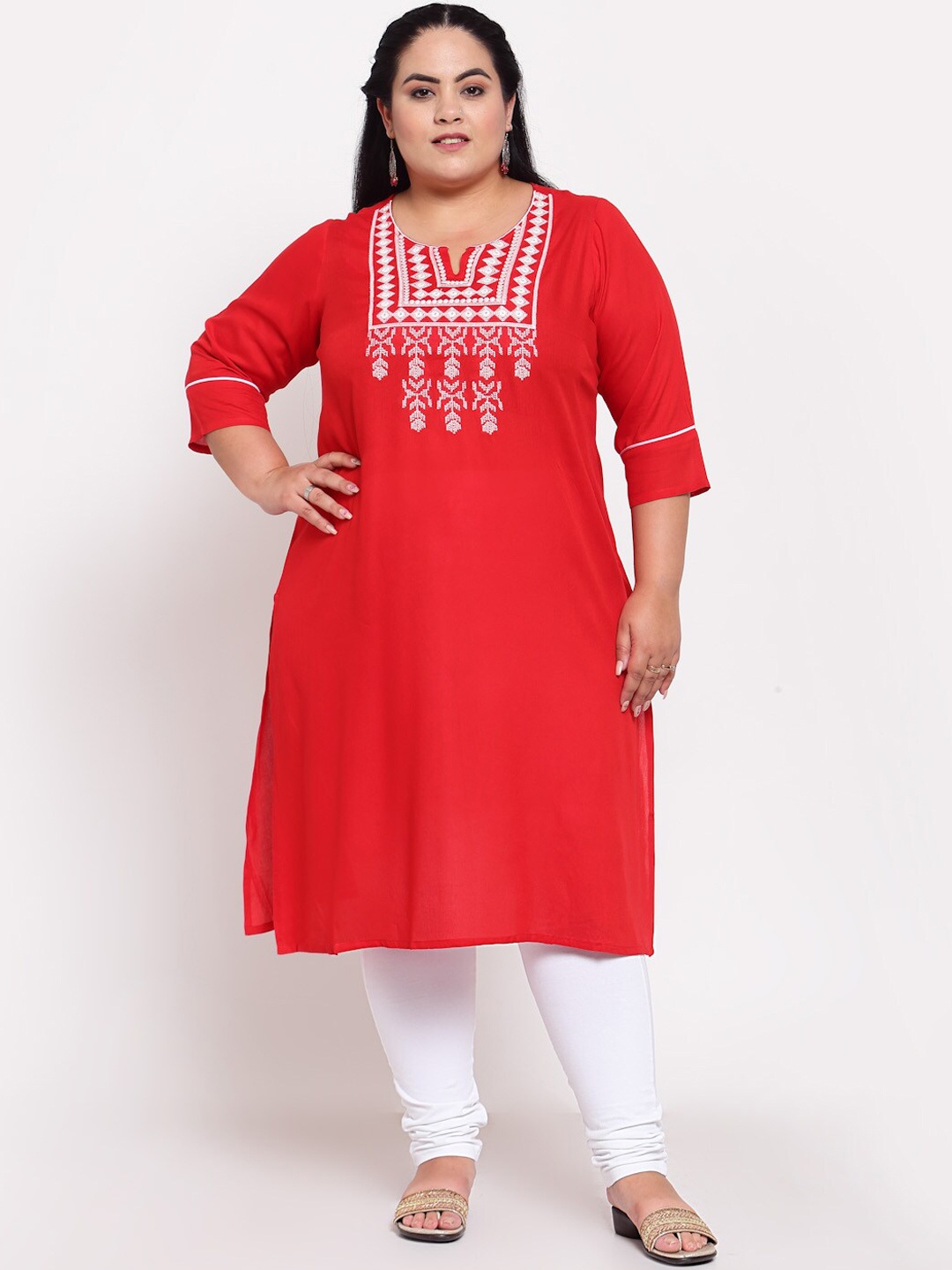 

plusS Women Red & White Embroidered Kurta