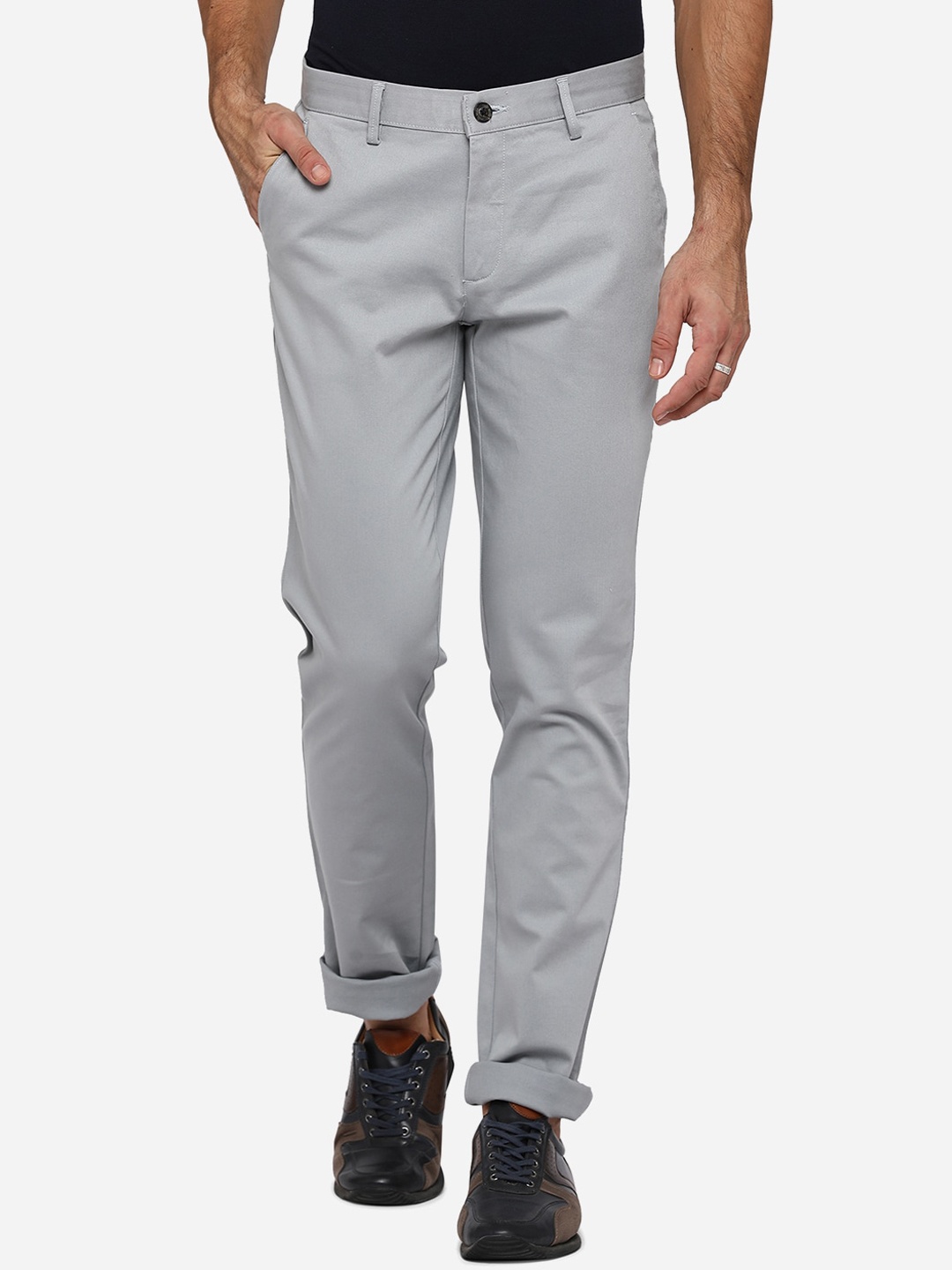 

JADE BLUE Men Grey Slim Fit Pure Cotton Trousers