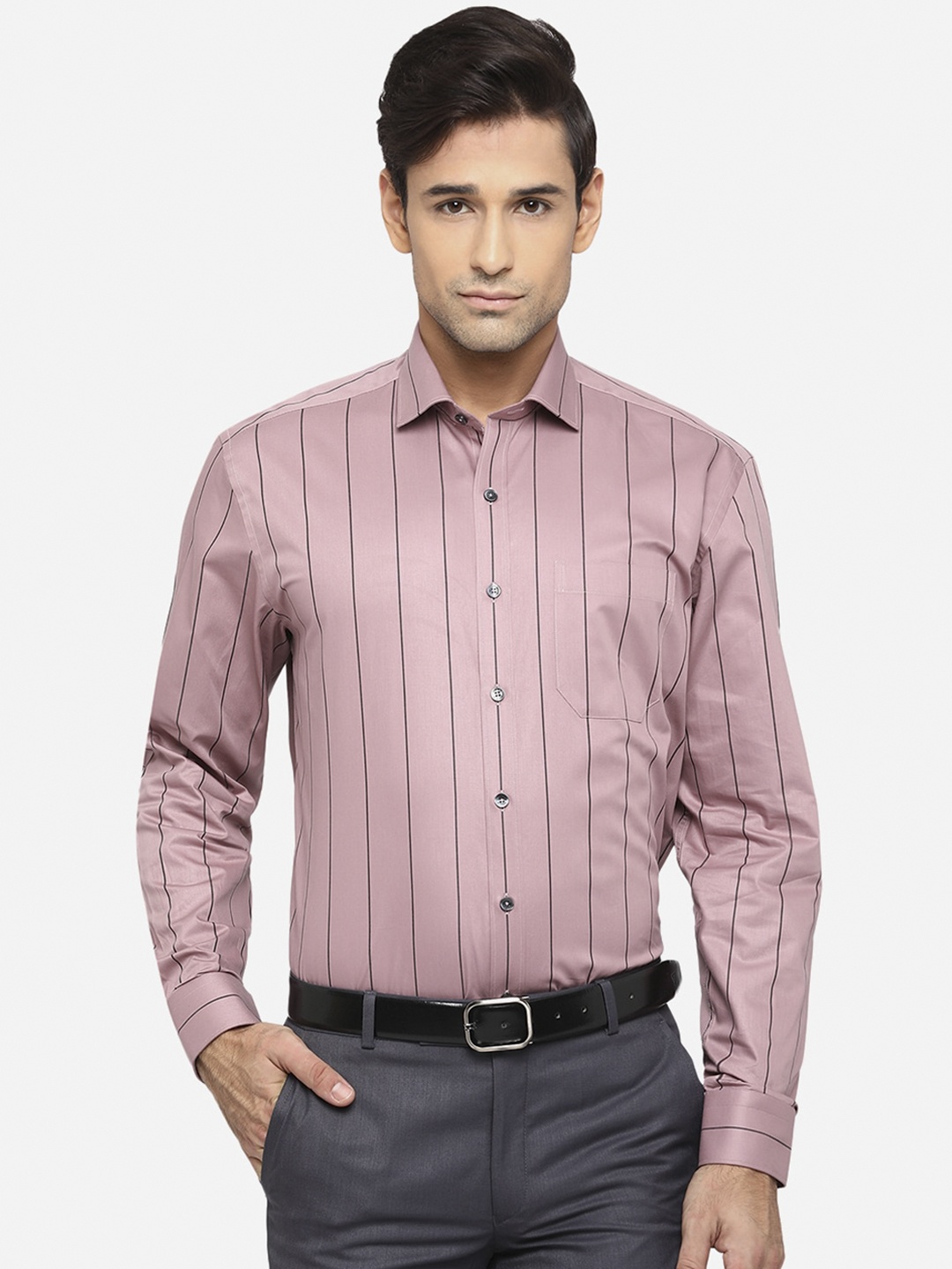 

JADE BLUE Men Pure Cotton Purple Vertical Striped Formal Shirt