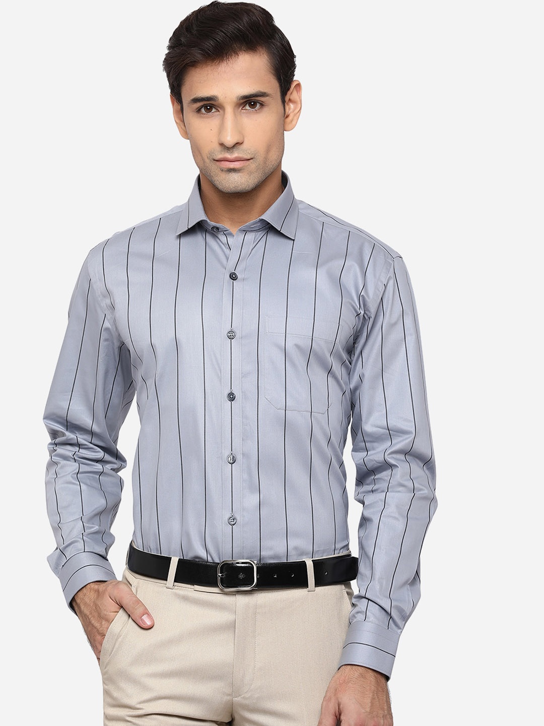 

JADE BLUE Men Grey Opaque Striped Formal Shirt