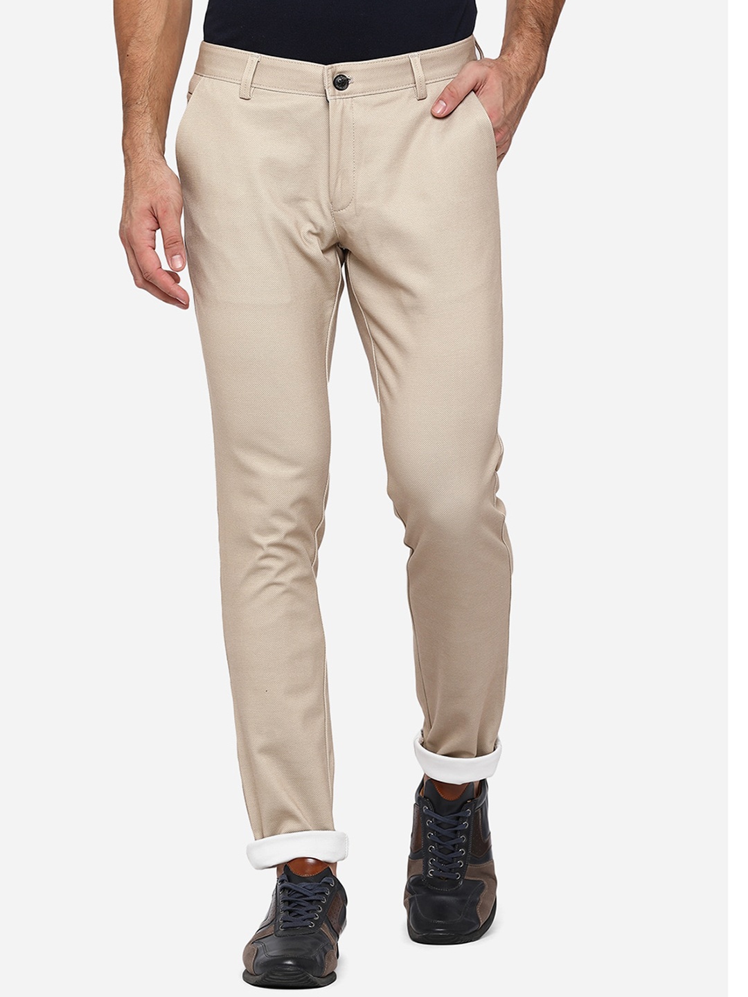 

JADE BLUE Men Cream-Coloured Slim Fit Cotton Trousers