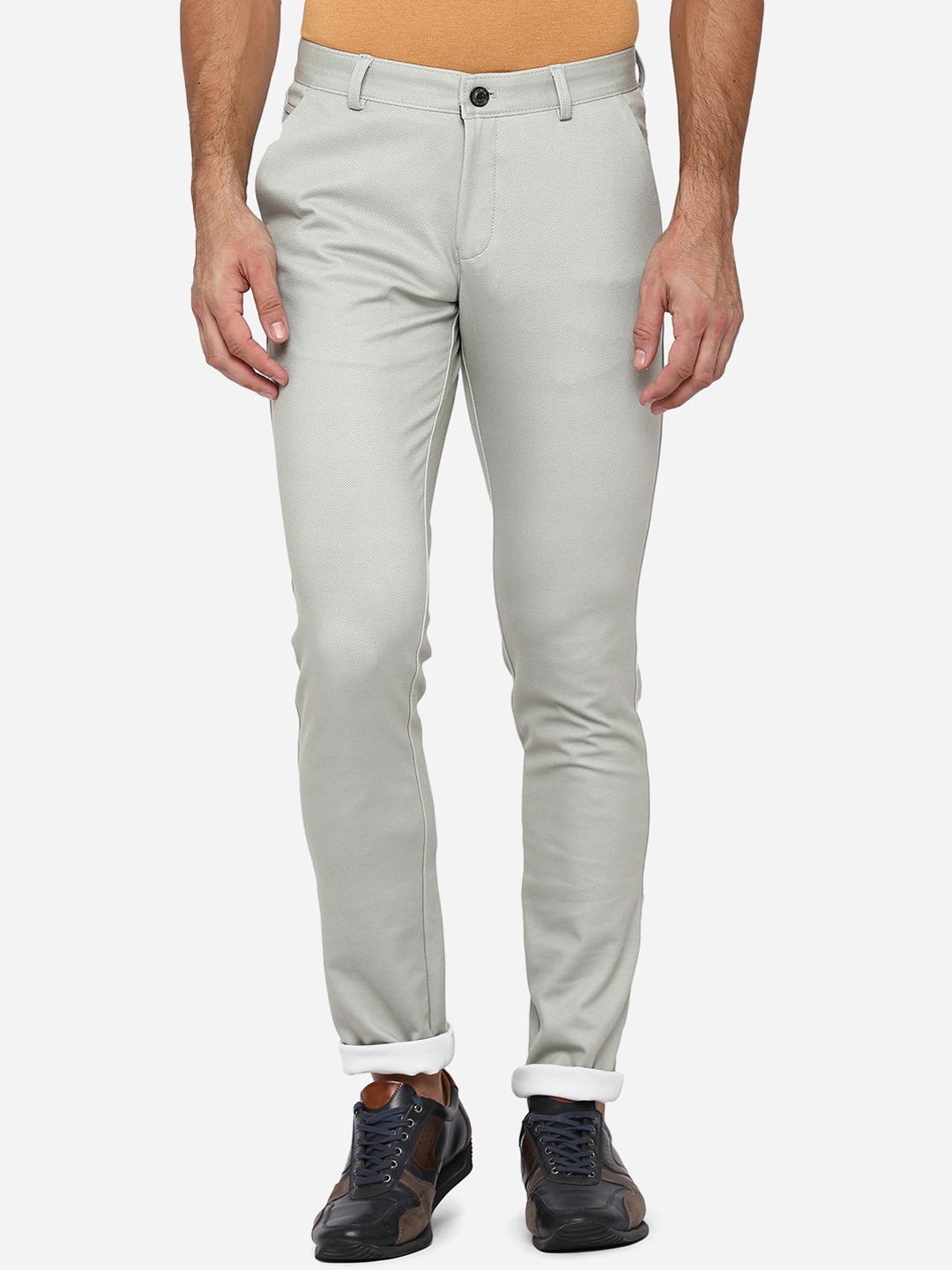 

JADE BLUE Men Grey Melange Solid Pure Cotton Slim Fit Trousers