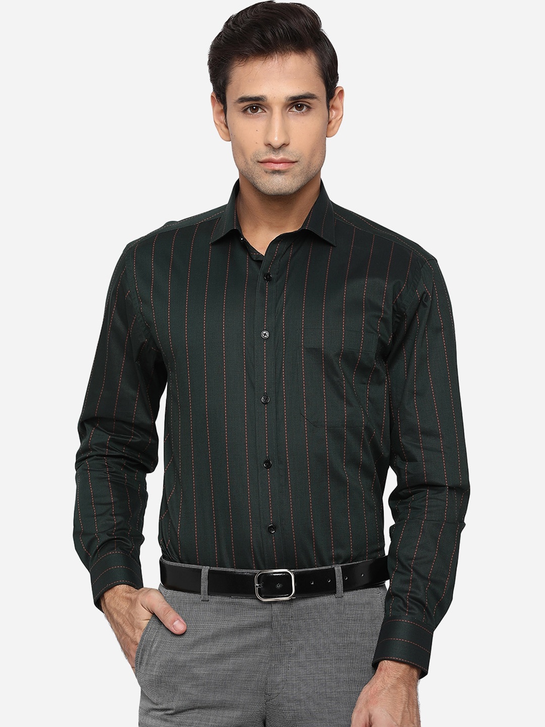 

JADE BLUE Men Green Opaque Striped Pure Cotton Formal Shirt