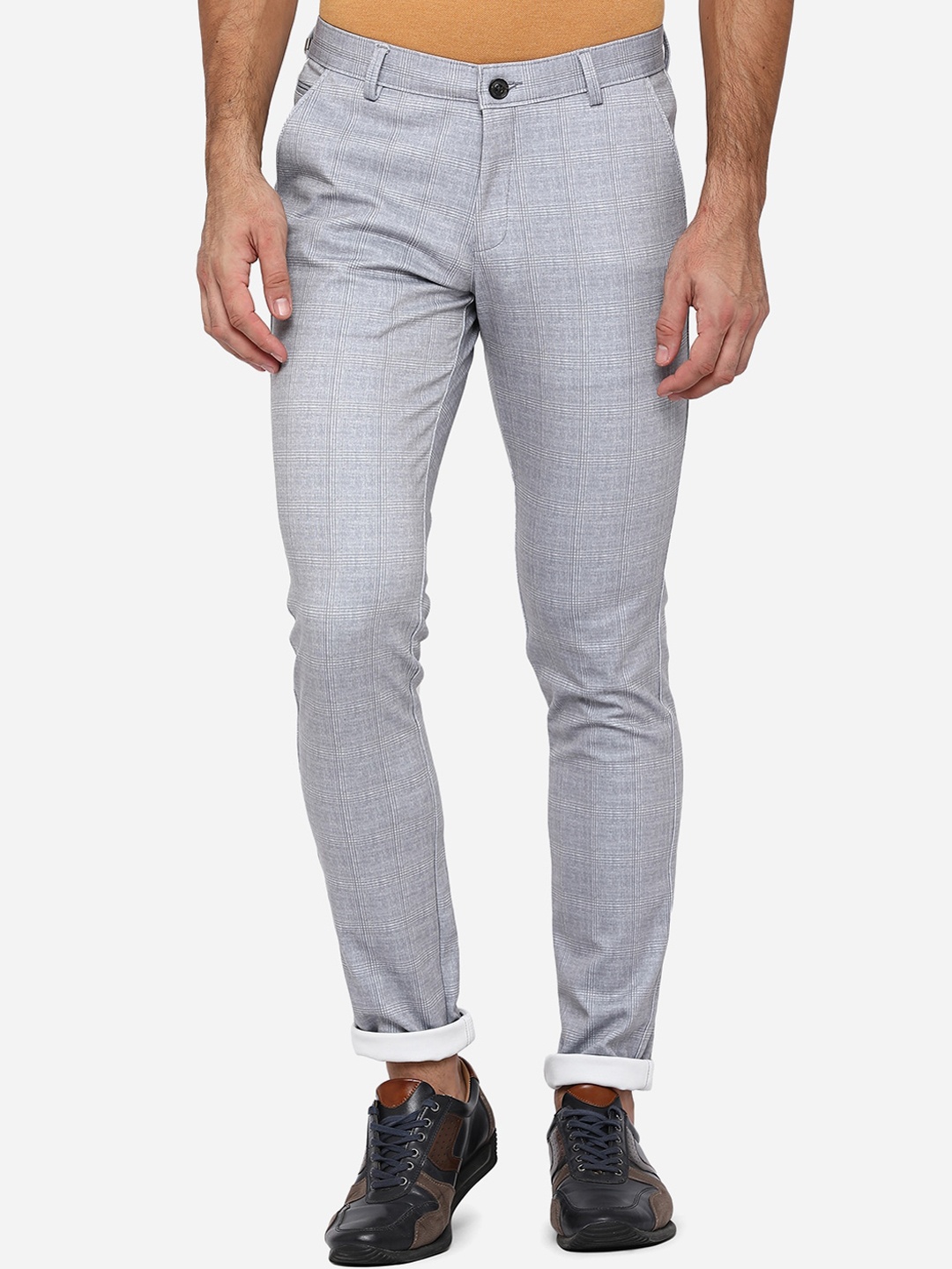 

JADE BLUE Men Grey Checked Slim Fit Chinos Trousers