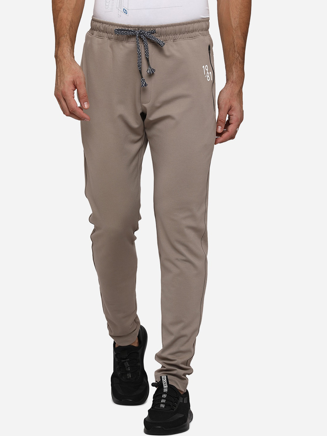 

JADE BLUE Men Beige Solid Cotton Track Pants