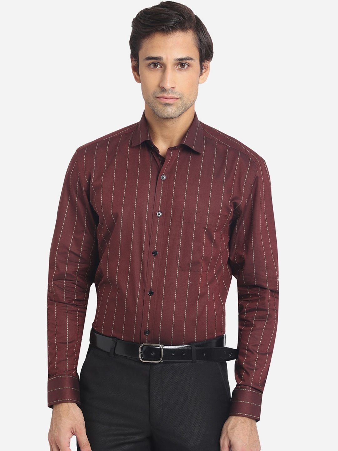 

JADE BLUE Men Maroon Opaque Striped Cotton Formal Shirt