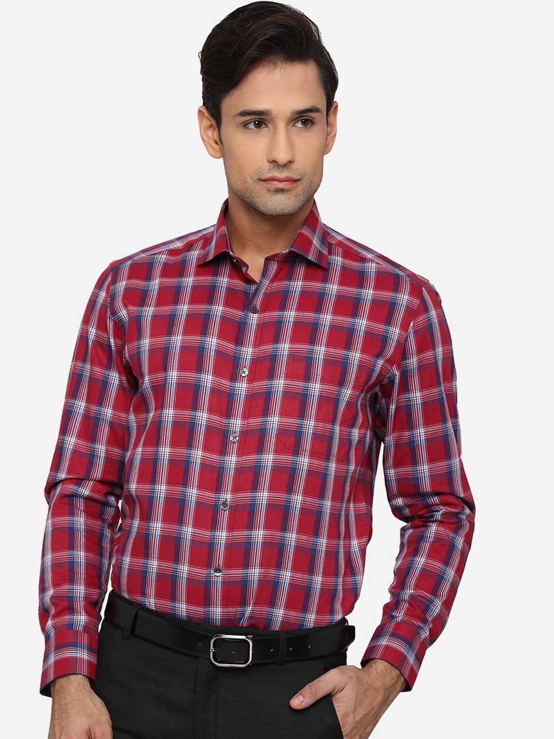 

JADE BLUE Men Red Slim Fit Tartan Checks Opaque Checked Formal Shirt