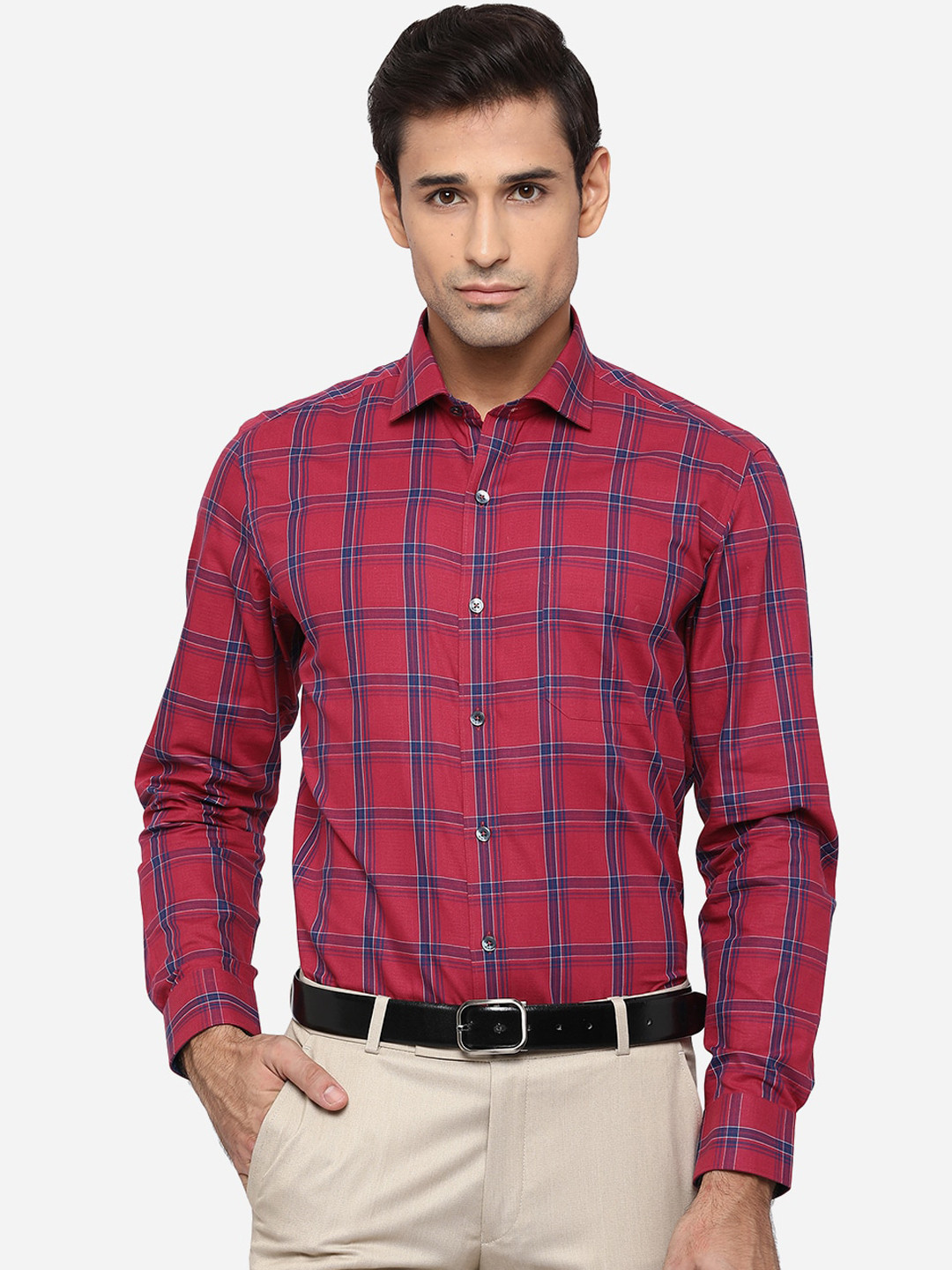 

JADE BLUE Men Red & Navy Blue Slim Fit Tartan Checks Opaque Pure Cotton Formal Shirt