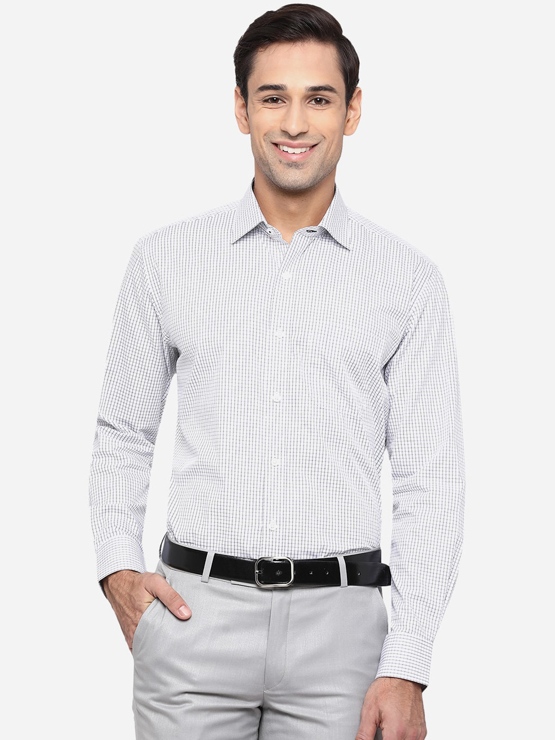 

JADE BLUE Men Pure Cotton White & Grey Micro Checked Formal Shirt